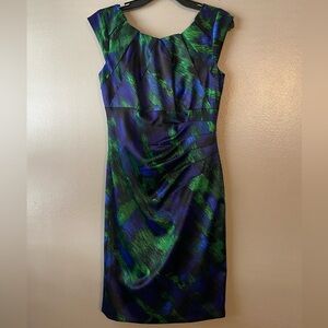 Jax Asymmetrical Ruched Blue and Green Cocktail Dress